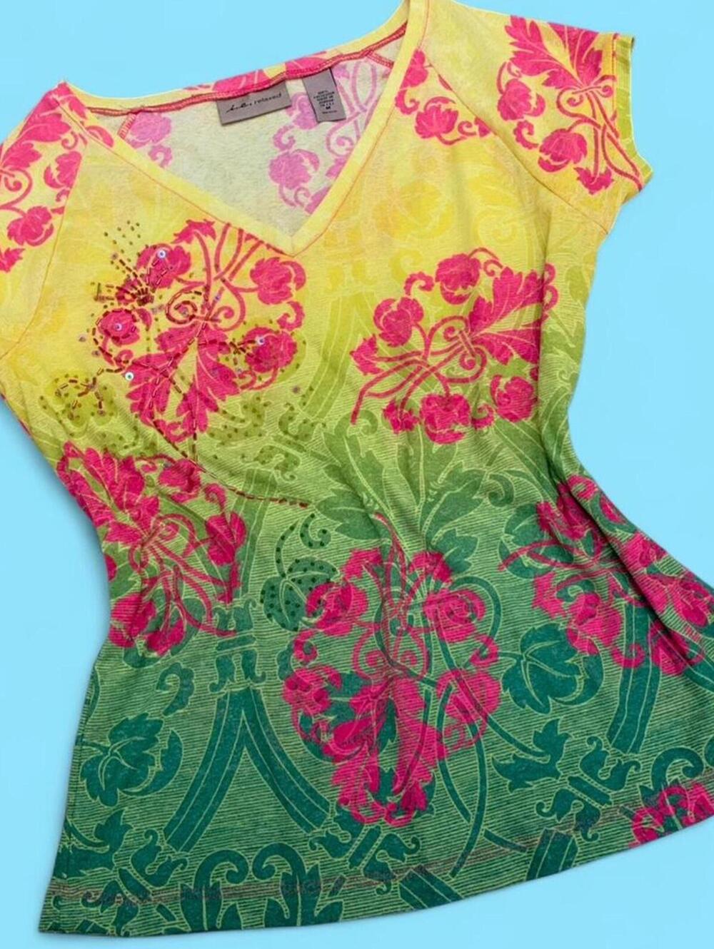Beaded + sequined euro floral print short sleeve V-neck top